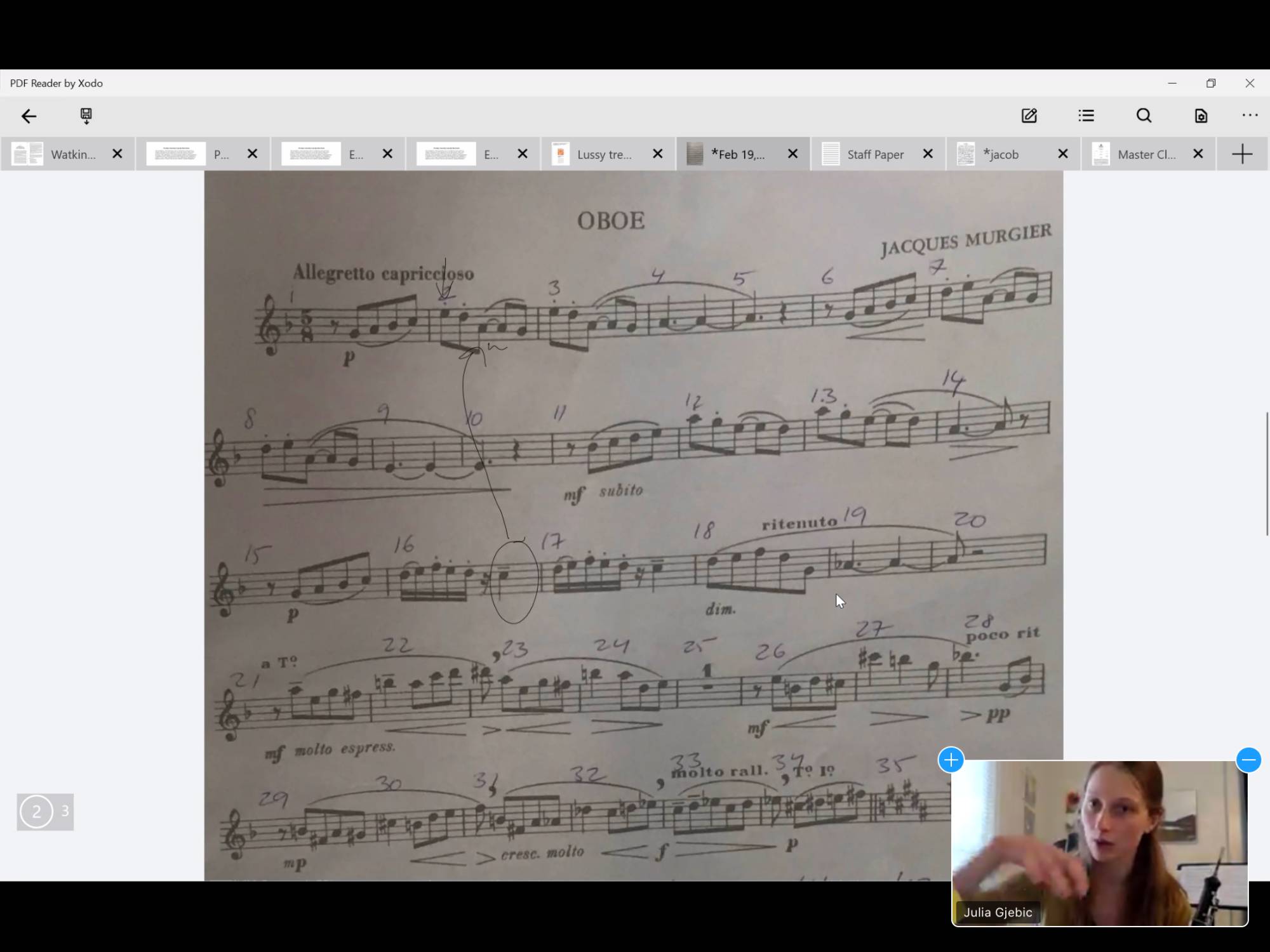 A photo of a Zoom master class with Julia Gjebic. In the photo: score of Capriccio with Julia in the right hand bottom corner.